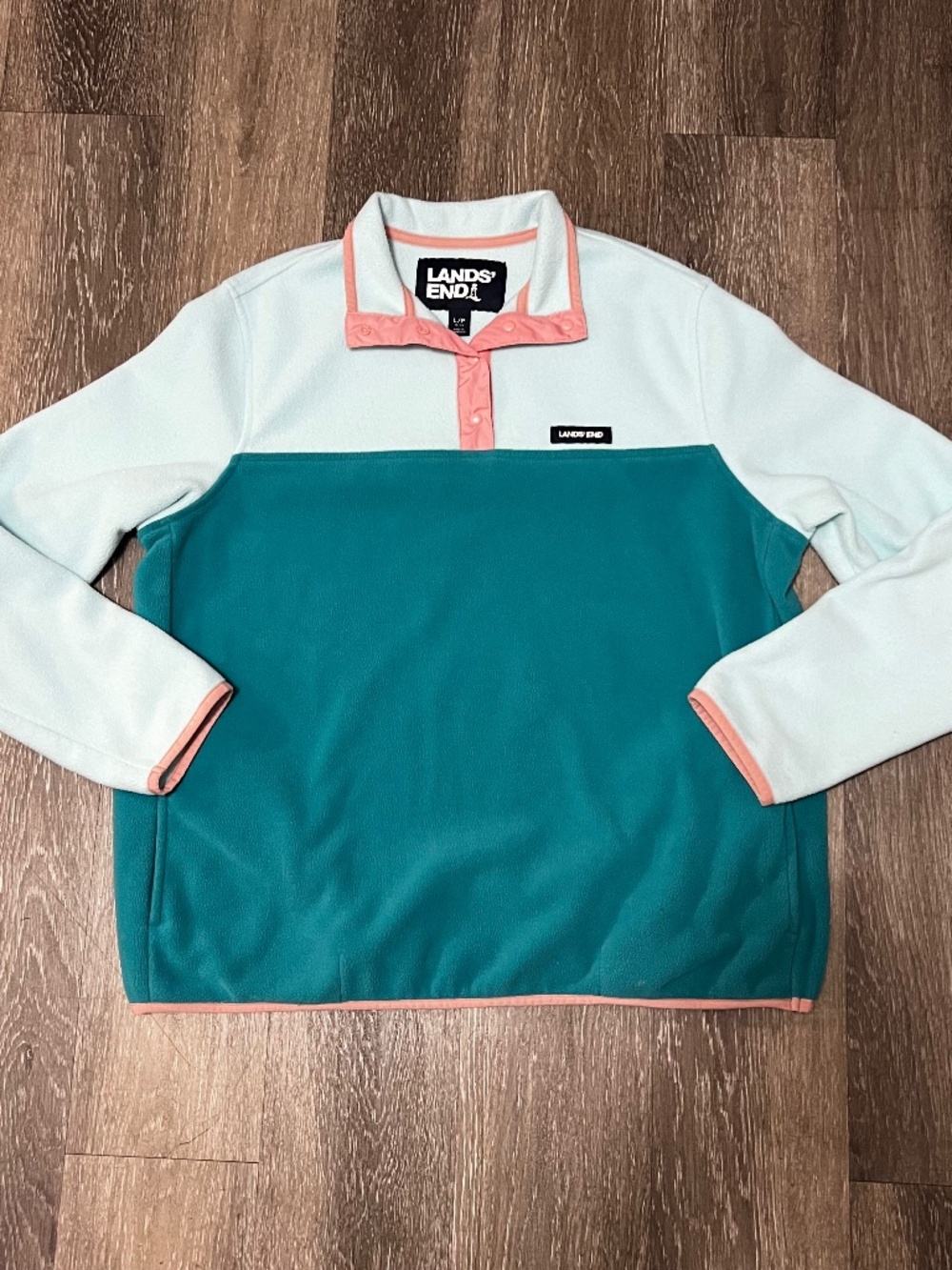 Land's End Two Tone Pullover Fleece Sweater Women's Large Blue Teal Oeko-Tex 100